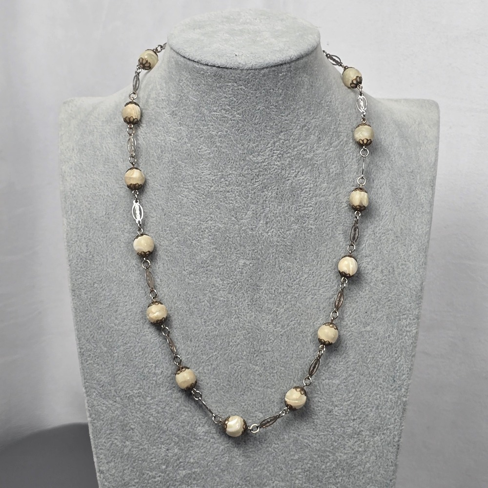 Art Deco Style Mother Of Pearl Beaded Filigree Station Necklace Silver-Tone 20"